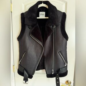 Zara Black Faux-Shearling Moto Vest